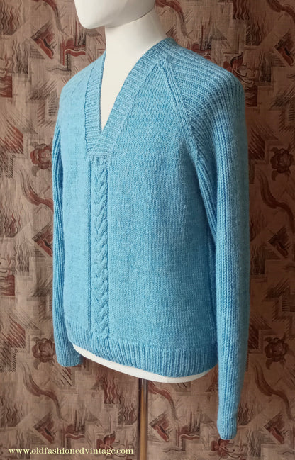 Vintage Mens 1960s Hand Knitted V Neck Jumper Blue Wool Cable Ribbed Raglan Sleeves L