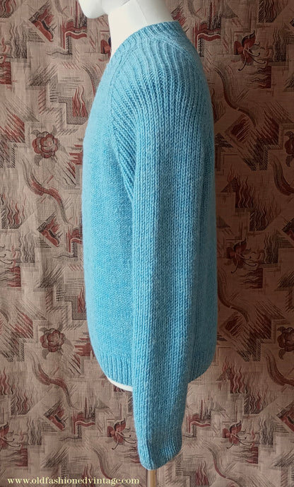 Vintage Mens 1960s Hand Knitted V Neck Jumper Blue Wool Cable Ribbed Raglan Sleeves L
