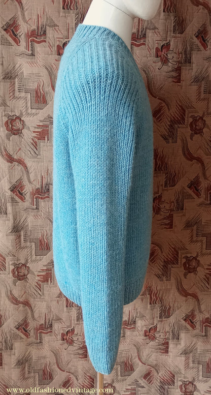Vintage Mens 1960s Hand Knitted V Neck Jumper Blue Wool Cable Ribbed Raglan Sleeves L