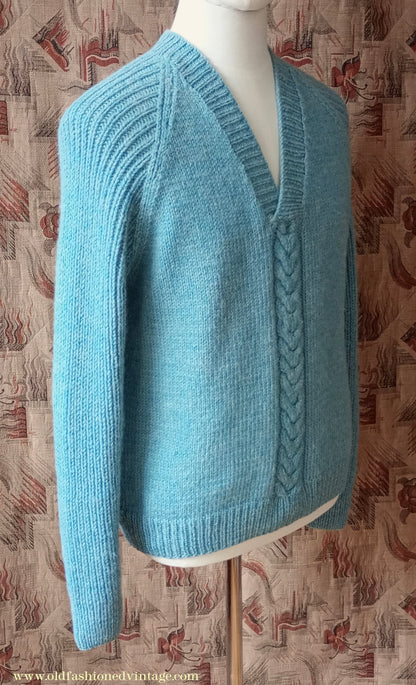 Vintage Mens 1960s Hand Knitted V Neck Jumper Blue Wool Cable Ribbed Raglan Sleeves L
