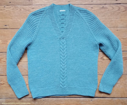 Vintage Mens 1960s Hand Knitted V Neck Jumper Blue Wool Cable Ribbed Raglan Sleeves L