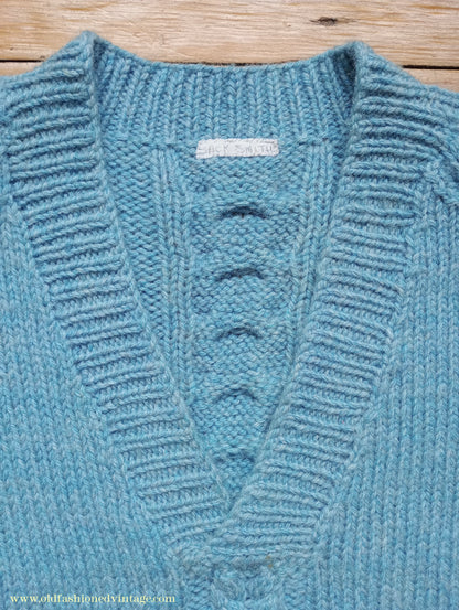 Vintage Mens 1960s Hand Knitted V Neck Jumper Blue Wool Cable Ribbed Raglan Sleeves L