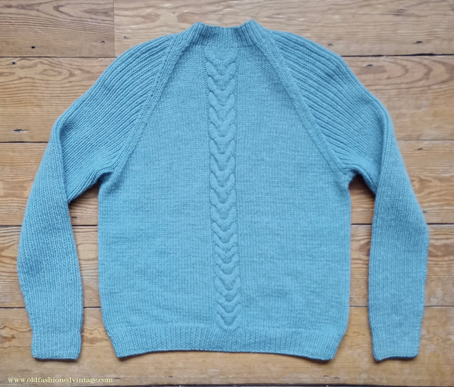 Vintage Mens 1960s Hand Knitted V Neck Jumper Blue Wool Cable Ribbed Raglan Sleeves L