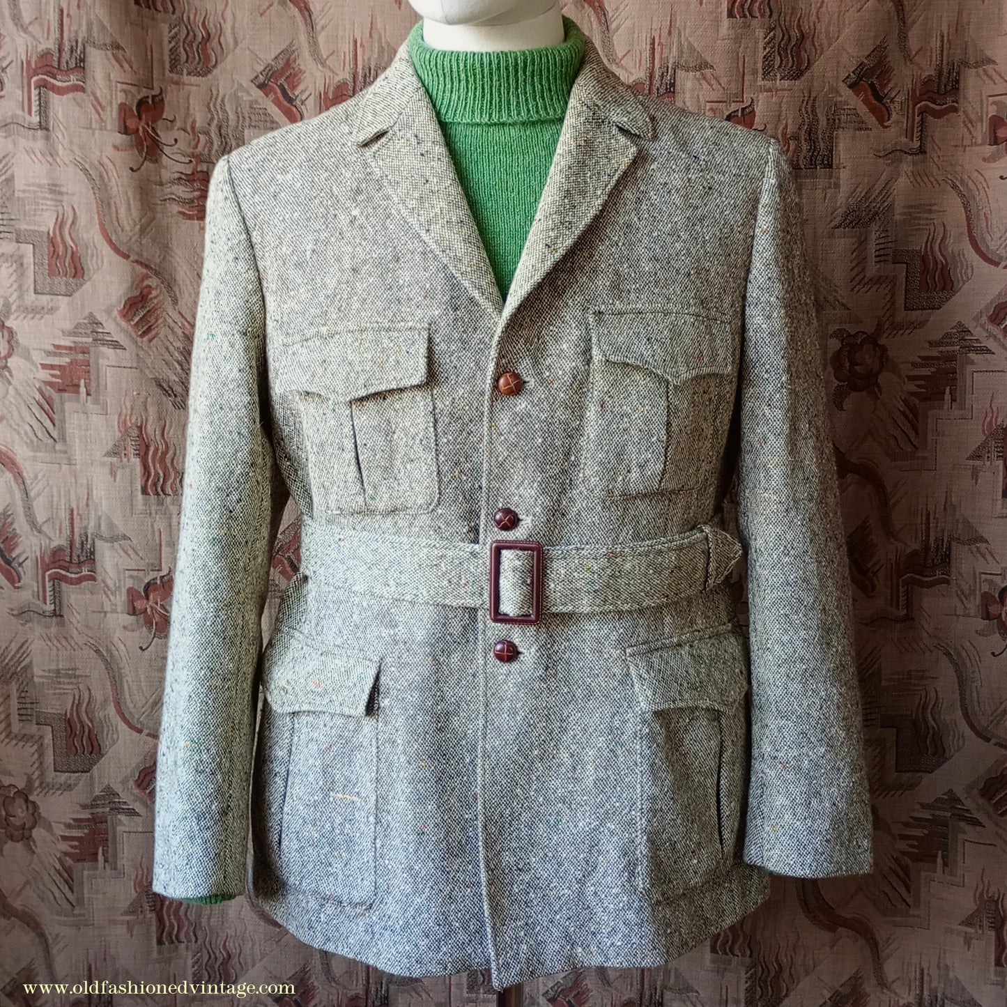 Vintage Mens 1970s Donegal Tweed Country Belted Jacket Patch Pockets Safari Military Style Beige Brown Flecked Wool 42"