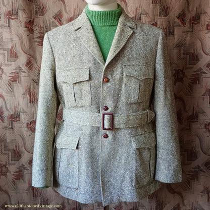 Vintage Mens 1970s Donegal Tweed Country Belted Jacket Patch Pockets Safari Military Style Beige Brown Flecked Wool 42"