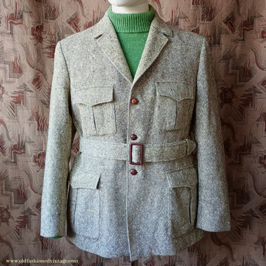 Vintage Mens 1970s Donegal Tweed Country Belted Jacket Patch Pockets Safari Military Style Beige Brown Flecked Wool 42"