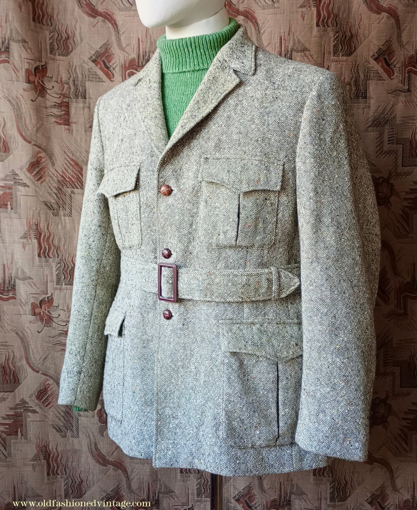 Vintage Mens 1970s Donegal Tweed Country Belted Jacket Patch Pockets Safari Military Style Beige Brown Flecked Wool 42"