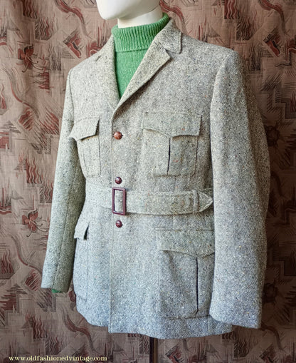 Vintage Mens 1970s Donegal Tweed Country Belted Jacket Patch Pockets Safari Military Style Beige Brown Flecked Wool 42"