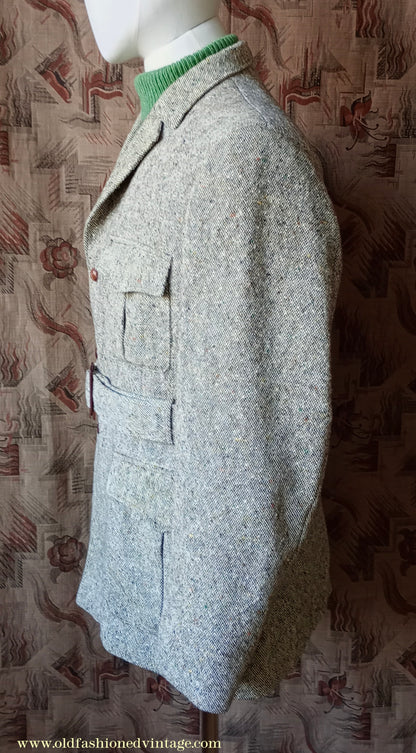 Vintage Mens 1970s Donegal Tweed Country Belted Jacket Patch Pockets Safari Military Style Beige Brown Flecked Wool 42"