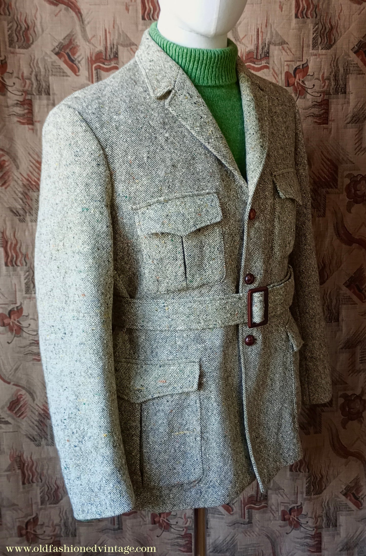 Vintage Mens 1970s Donegal Tweed Country Belted Jacket Patch Pockets Safari Military Style Beige Brown Flecked Wool 42"