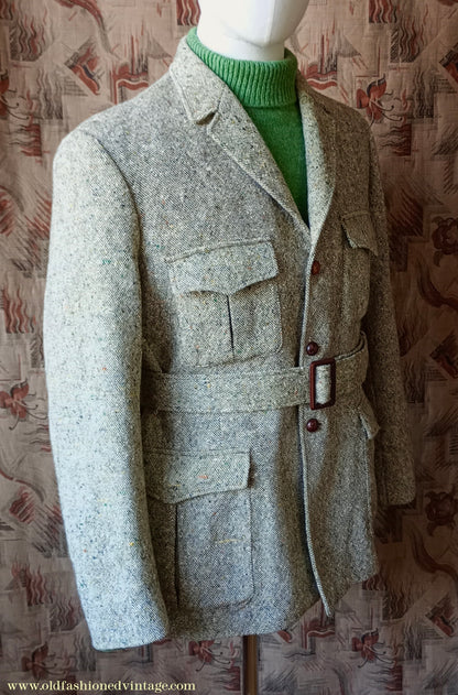 Vintage Mens 1970s Donegal Tweed Country Belted Jacket Patch Pockets Safari Military Style Beige Brown Flecked Wool 42"