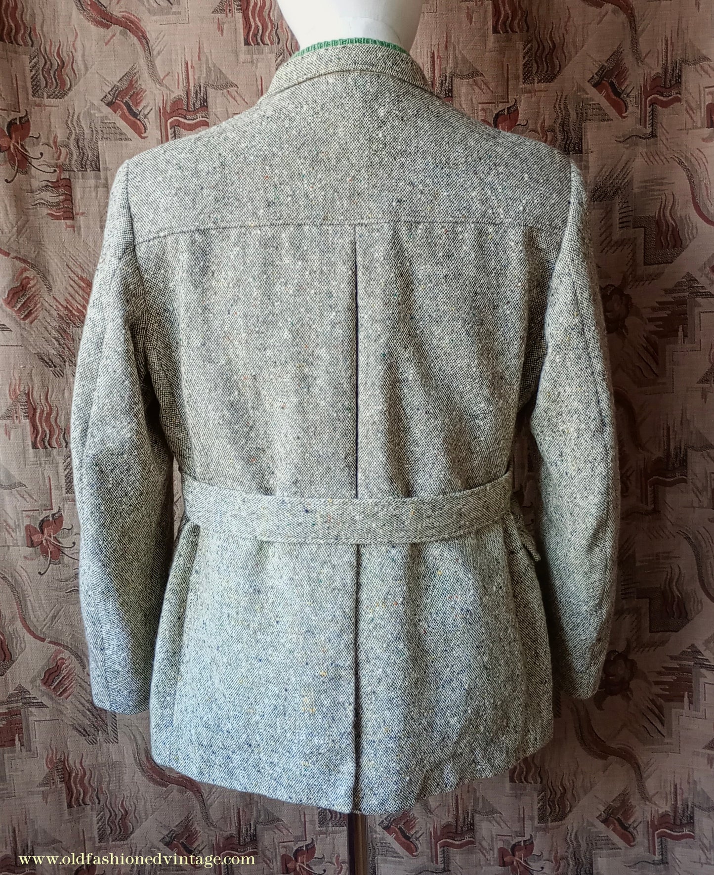 Vintage Mens 1970s Donegal Tweed Country Belted Jacket Patch Pockets Safari Military Style Beige Brown Flecked Wool 42"