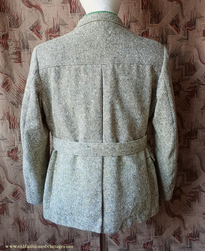 Vintage Mens 1970s Donegal Tweed Country Belted Jacket Patch Pockets Safari Military Style Beige Brown Flecked Wool 42"