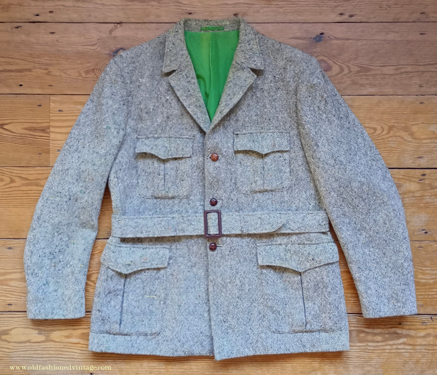 Vintage Mens 1970s Donegal Tweed Country Belted Jacket Patch Pockets Safari Military Style Beige Brown Flecked Wool 42"