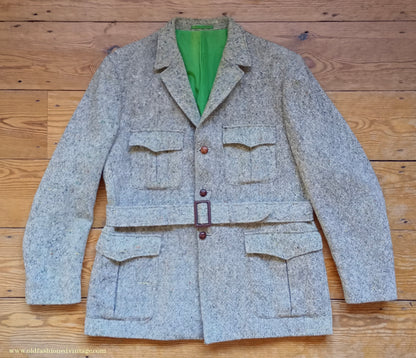 Vintage Mens 1970s Donegal Tweed Country Belted Jacket Patch Pockets Safari Military Style Beige Brown Flecked Wool 42"