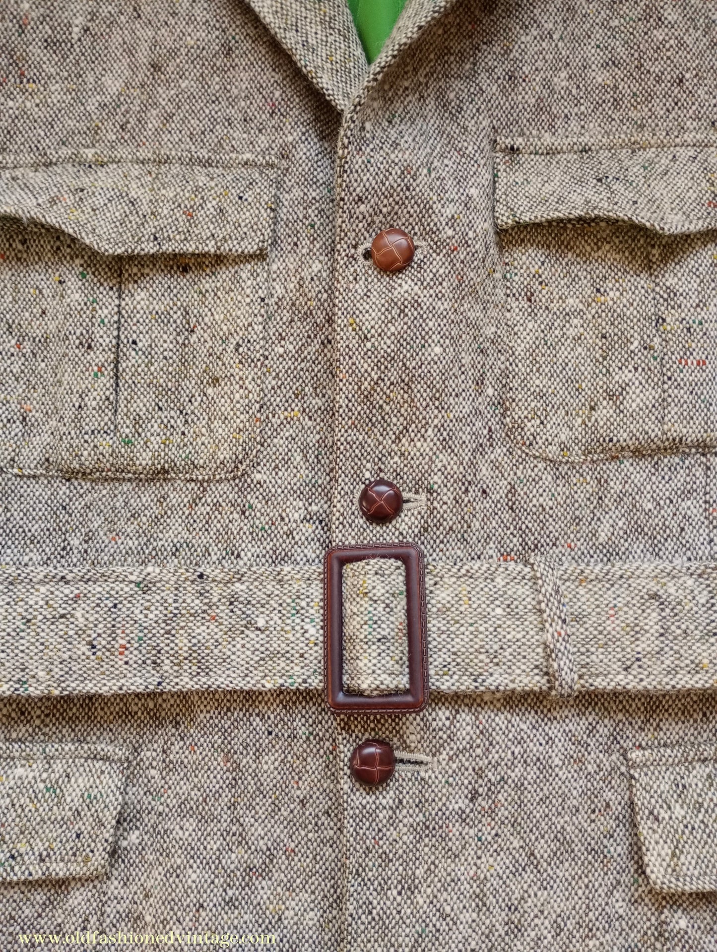 Vintage Mens 1970s Donegal Tweed Country Belted Jacket Patch Pockets Safari Military Style Beige Brown Flecked Wool 42"