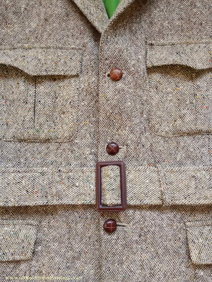Vintage Mens 1970s Donegal Tweed Country Belted Jacket Patch Pockets Safari Military Style Beige Brown Flecked Wool 42"