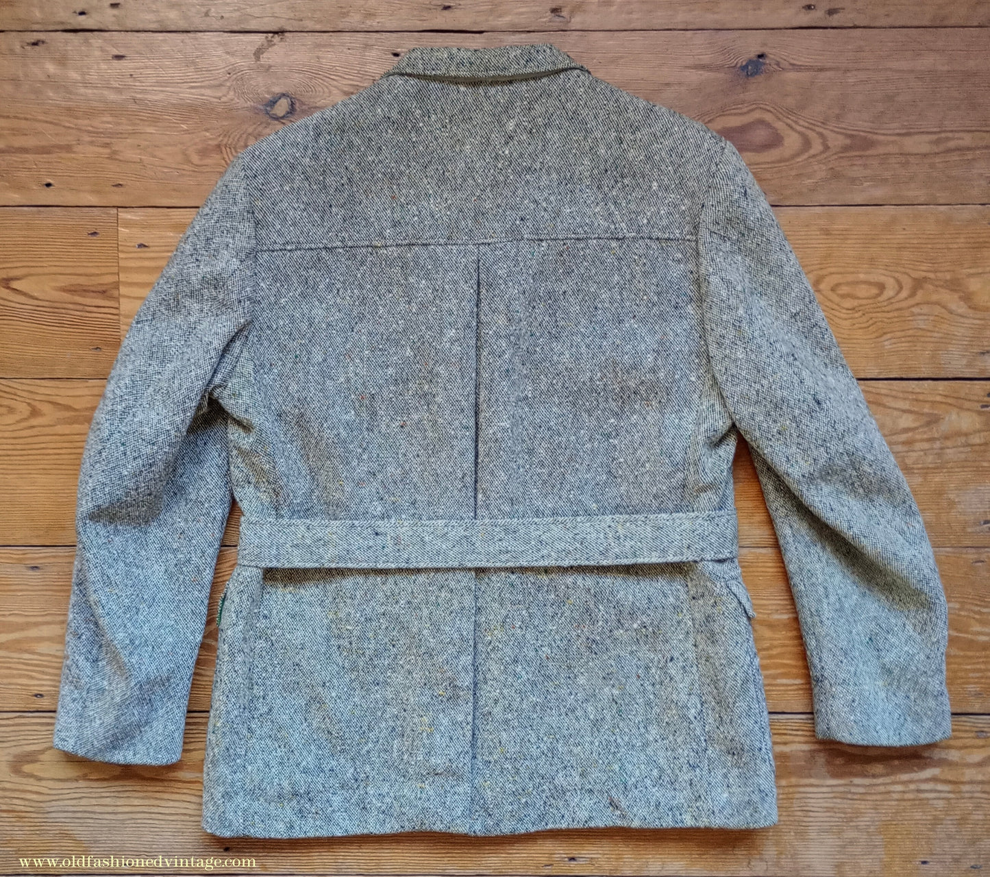 Vintage Mens 1970s Donegal Tweed Country Belted Jacket Patch Pockets Safari Military Style Beige Brown Flecked Wool 42"