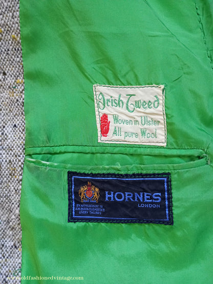 Vintage Mens 1970s Donegal Tweed Country Belted Jacket Patch Pockets Safari Military Style Beige Brown Flecked Wool 42"