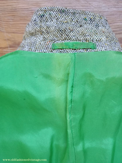 Vintage Mens 1970s Donegal Tweed Country Belted Jacket Patch Pockets Safari Military Style Beige Brown Flecked Wool 42"