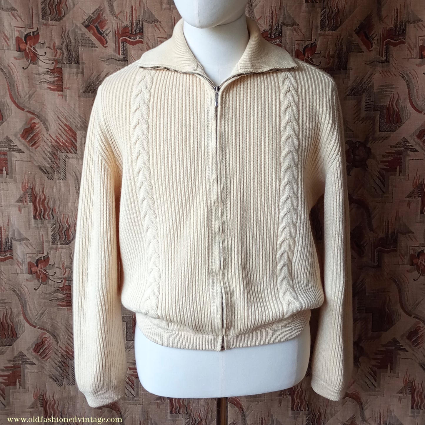 Vintage Mens 1950s 1960s Bleyle Cream Wool Zip Up Cardigan Sweater Jacket Blouson Lumberjacket M L
