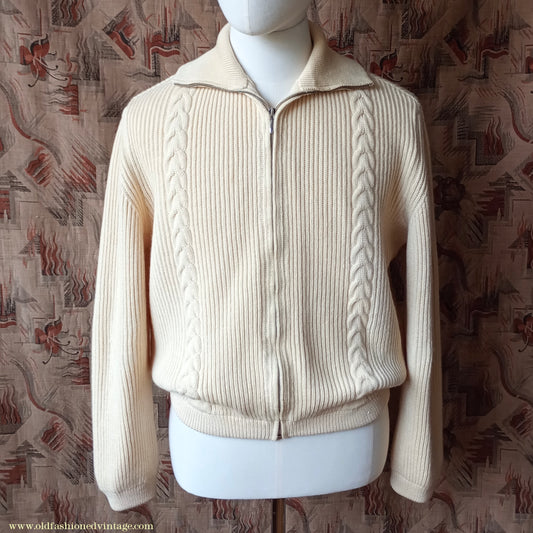 Vintage Mens 1950s 1960s Bleyle Cream Wool Zip Up Cardigan Sweater Jacket Blouson Lumberjacket M L