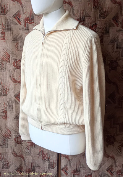 Vintage Mens 1950s 1960s Bleyle Cream Wool Zip Up Cardigan Sweater Jacket Blouson Lumberjacket M L