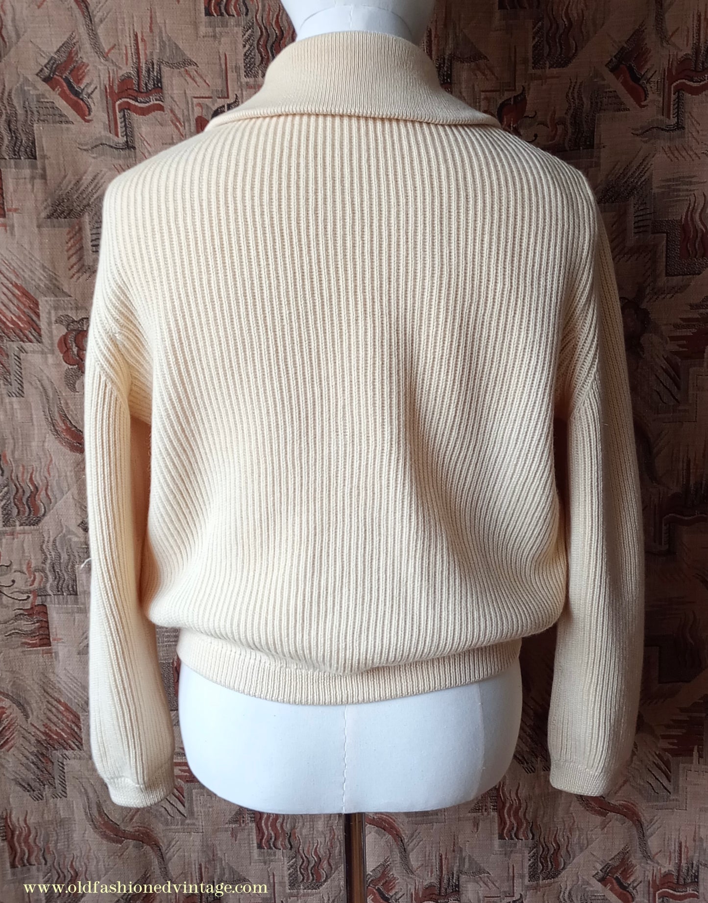 Vintage Mens 1950s 1960s Bleyle Cream Wool Zip Up Cardigan Sweater Jacket Blouson Lumberjacket M L