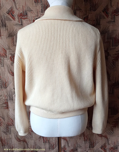 Vintage Mens 1950s 1960s Bleyle Cream Wool Zip Up Cardigan Sweater Jacket Blouson Lumberjacket M L