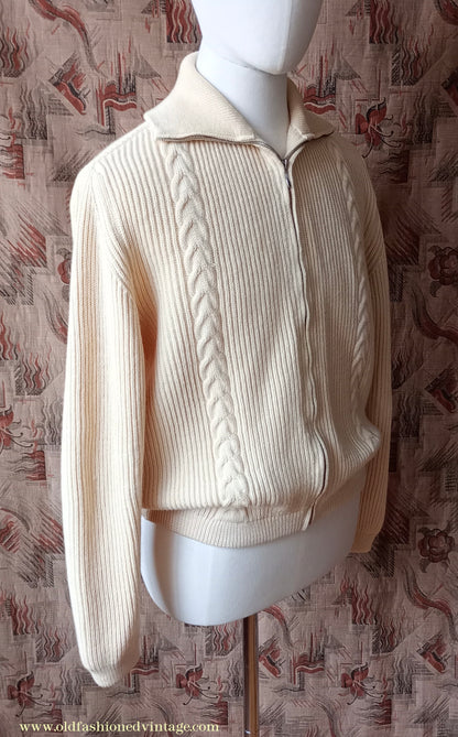 Vintage Mens 1950s 1960s Bleyle Cream Wool Zip Up Cardigan Sweater Jacket Blouson Lumberjacket M L