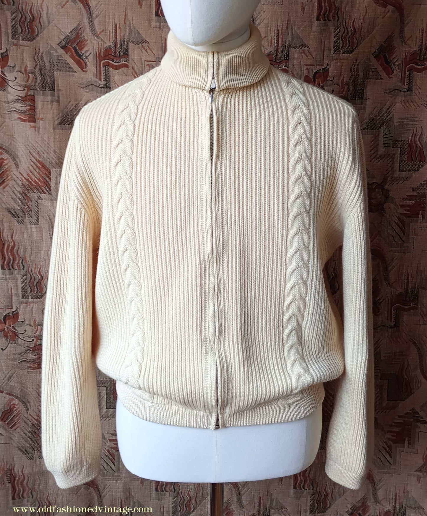 Vintage Mens 1950s 1960s Bleyle Cream Wool Zip Up Cardigan Sweater Jacket Blouson Lumberjacket M L
