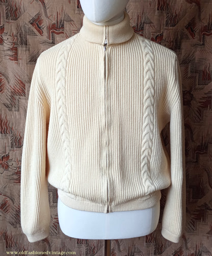 Vintage Mens 1950s 1960s Bleyle Cream Wool Zip Up Cardigan Sweater Jacket Blouson Lumberjacket M L