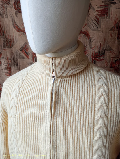 Vintage Mens 1950s 1960s Bleyle Cream Wool Zip Up Cardigan Sweater Jacket Blouson Lumberjacket M L