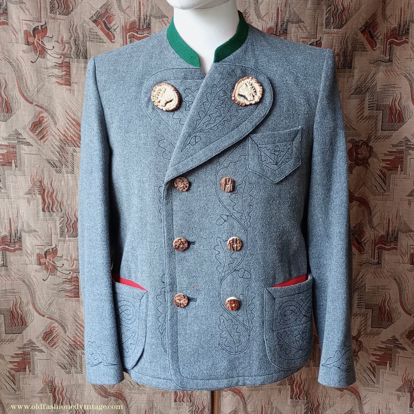 Vintage Mens 1940s Janker Trachten Jacket Double Breasted Coat Grey Wool Horn Buttons Traditional Tyrol German Folk 40"