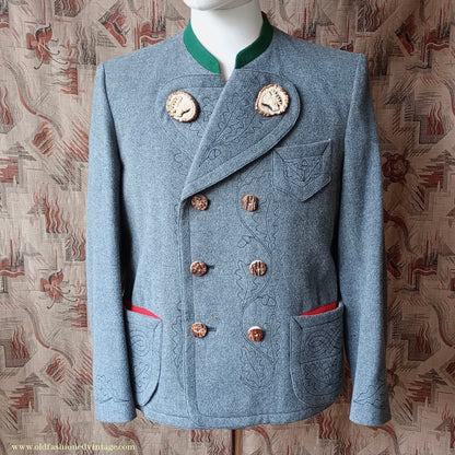 Vintage Mens 1940s Janker Trachten Jacket Double Breasted Coat Grey Wool Horn Buttons Traditional Tyrol German Folk 40"