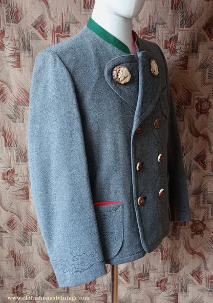 Vintage Mens 1940s Janker Trachten Jacket Double Breasted Coat Grey Wool Horn Buttons Traditional Tyrol German Folk 40"