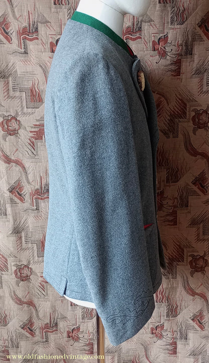 Vintage Mens 1940s Janker Trachten Jacket Double Breasted Coat Grey Wool Horn Buttons Traditional Tyrol German Folk 40"