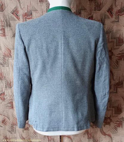Vintage Mens 1940s Janker Trachten Jacket Double Breasted Coat Grey Wool Horn Buttons Traditional Tyrol German Folk 40"