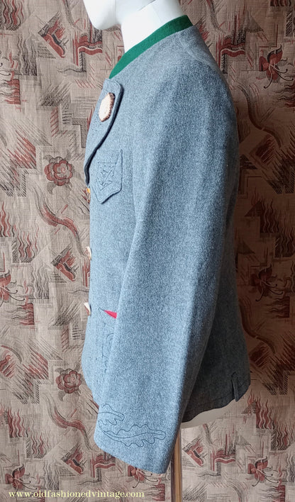 Vintage Mens 1940s Janker Trachten Jacket Double Breasted Coat Grey Wool Horn Buttons Traditional Tyrol German Folk 40"