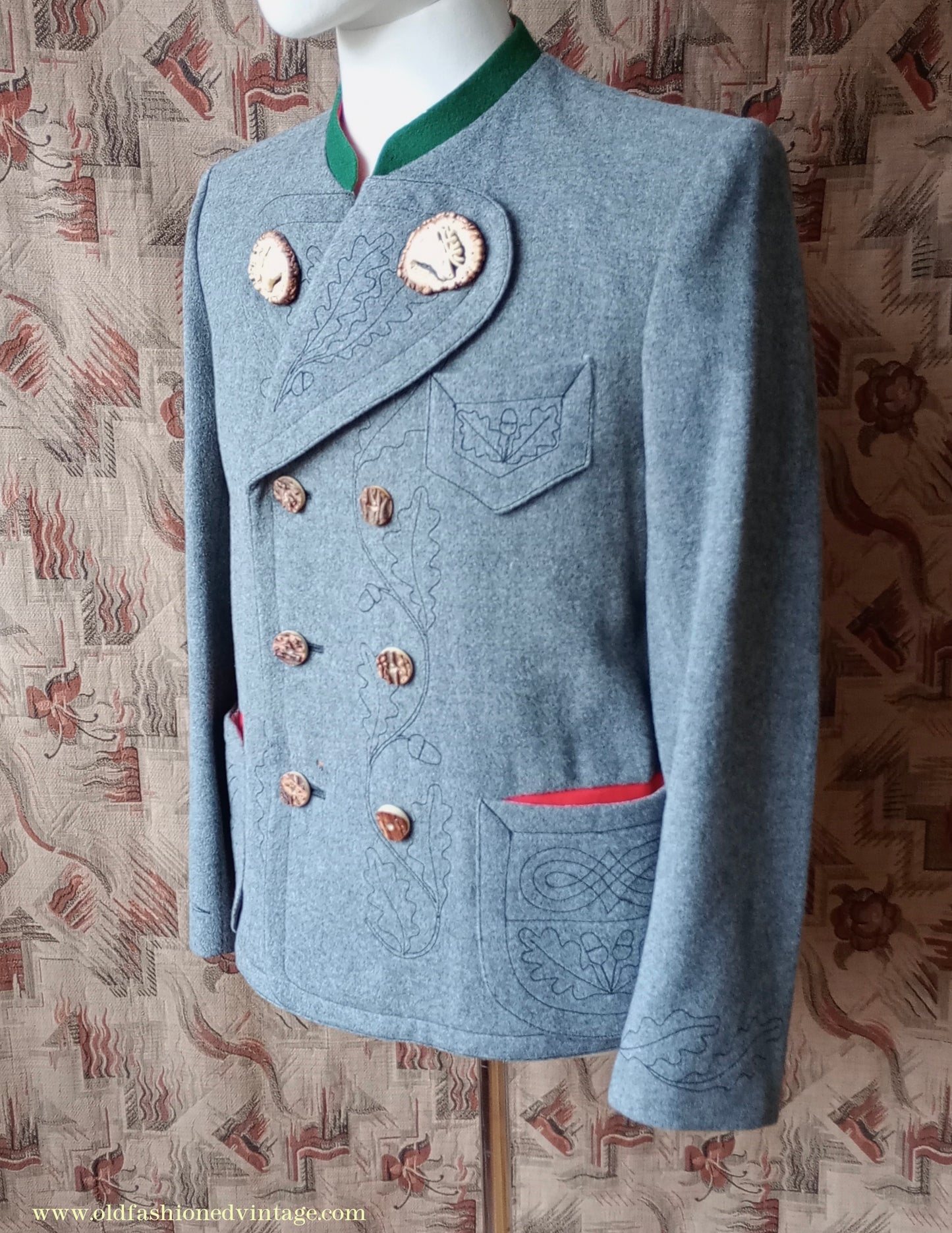 Vintage Mens 1940s Janker Trachten Jacket Double Breasted Coat Grey Wool Horn Buttons Traditional Tyrol German Folk 40"