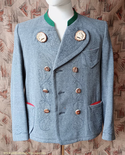 Vintage Mens 1940s Janker Trachten Jacket Double Breasted Coat Grey Wool Horn Buttons Traditional Tyrol German Folk 40"