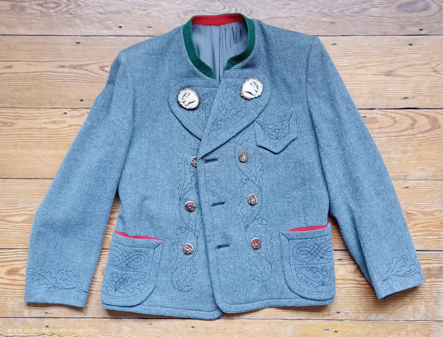 Vintage Mens 1940s Janker Trachten Jacket Double Breasted Coat Grey Wool Horn Buttons Traditional Tyrol German Folk 40"