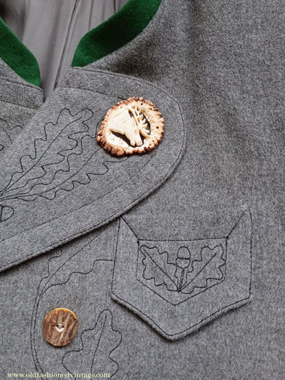 Vintage Mens 1940s Janker Trachten Jacket Double Breasted Coat Grey Wool Horn Buttons Traditional Tyrol German Folk 40"
