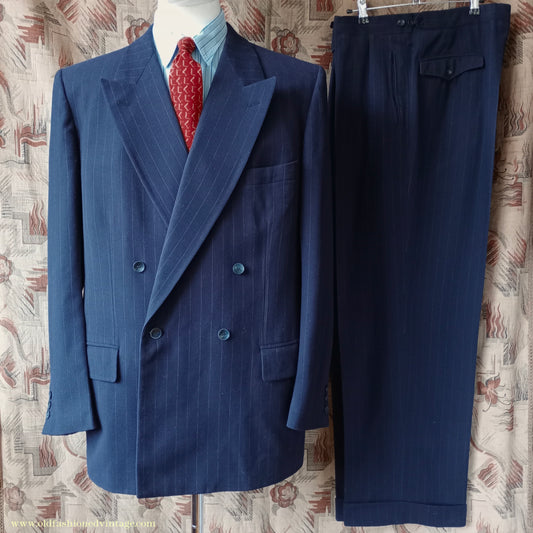Vintage Mens 1940s 1950s Double Breasted Suit Navy Blue Pinstripe 42"
