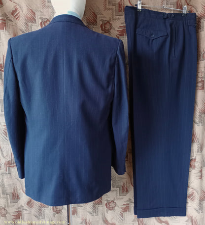Vintage Mens 1940s 1950s Double Breasted Suit Navy Blue Pinstripe 42"