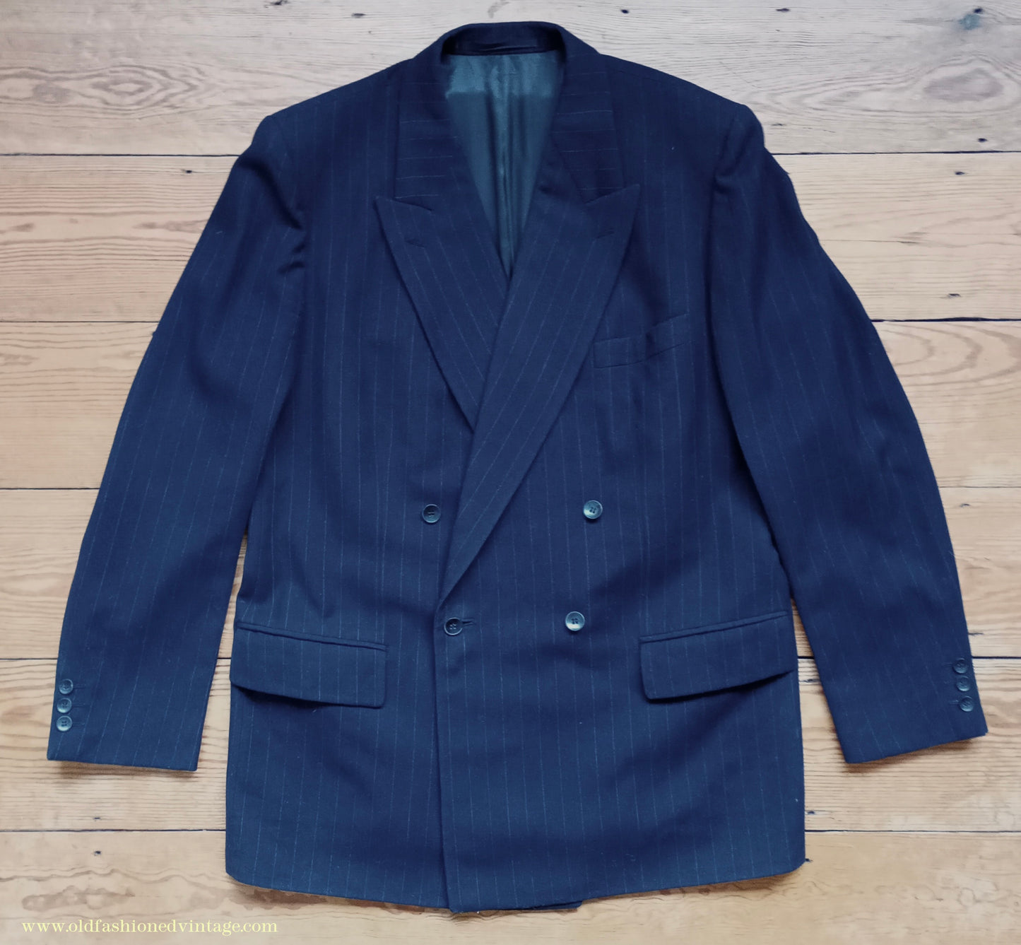 Vintage Mens 1940s 1950s Double Breasted Suit Navy Blue Pinstripe 42"