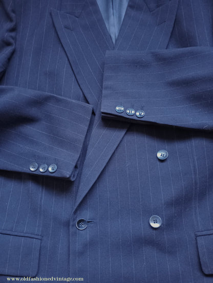 Vintage Mens 1940s 1950s Double Breasted Suit Navy Blue Pinstripe 42"
