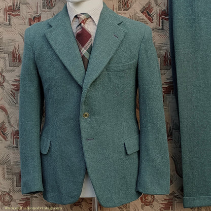 Vintage Mens 1940s CC41 Green Tweed Suit 2 Piece Single Breasted Herringbone Wool 37" 38"