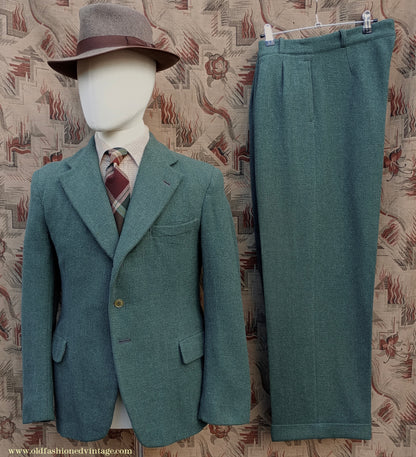 Vintage Mens 1940s CC41 Green Tweed Suit 2 Piece Single Breasted Herringbone Wool 37" 38"