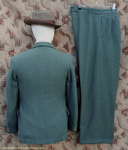 Vintage Mens 1940s CC41 Green Tweed Suit 2 Piece Single Breasted Herringbone Wool 37" 38"